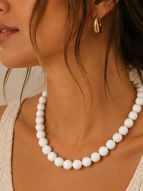Classic White Beaded Necklace with Gold Accents